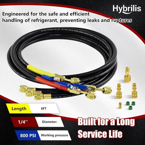 2026 Upgraded 1/4″ A2L Refrigerant Hose, 6FT, Pressure Relief Groove Design | HVAC Hose with Compact Ball Valve, 1/4" Flare Fittings, for R1234YF/ R134A/ R32/ R454B/R410A, with 2 R410a brass adapters in Kuwait