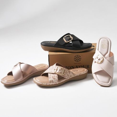 Women's Faux Leather Slip-On Sandals | Faux Leather,Low Heel,Soft Sponge Cushion Insole & Non-Slip Rubber Sole, Casual Summer Sandals in Saudi Arabia