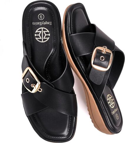 Women's Cross Slip-On Sandals， Black ，Size 6.5 | Faux Leather,Low Heel,Soft Sponge Cushion Insole & Non-Slip Rubber Sole, Casual Summer Sandals in Saudi Arabia