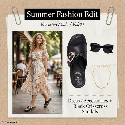 Women's Cross Slip-On Sandals， Black ，Size 6.5 | Faux Leather,Low Heel,Soft Sponge Cushion Insole & Non-Slip Rubber Sole, Casual Summer Sandals in Saudi Arabia