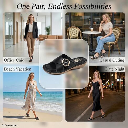 Women's Cross Slip-On Sandals， Black ，Size 6.5 | Faux Leather,Low Heel,Soft Sponge Cushion Insole & Non-Slip Rubber Sole, Casual Summer Sandals in Saudi Arabia