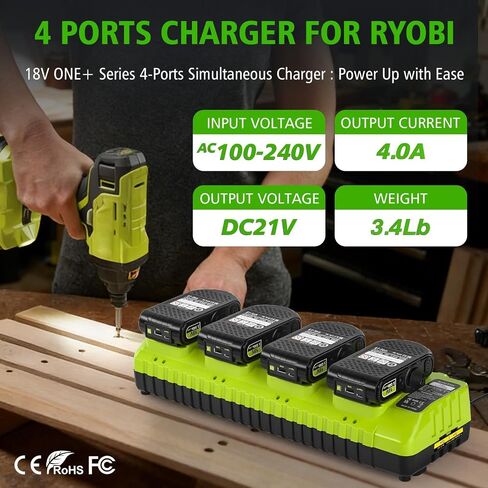 Replace Ryobi 18V Battery Charger,4-Port Fast Multi-Battery Charging Station with Dual USB, Fits Ryobi 12V-18V One+ Batteries P102 P103 P105 P107 P108 P109 P189 P197 PBP002 PBP005 in Saudi Arabia