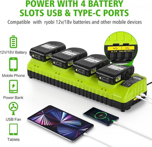 Replace Ryobi 18V Battery Charger,4-Port Fast Multi-Battery Charging Station with Dual USB, Fits Ryobi 12V-18V One+ Batteries P102 P103 P105 P107 P108 P109 P189 P197 PBP002 PBP005 in Saudi Arabia