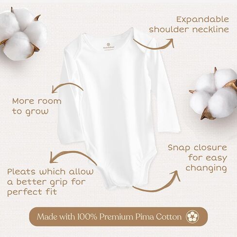 Pimbi&Bimpi Baby Bodysuit - Long Sleeve White Romper | Premium Peruvian Pima Cotton | Gender Neutral Baby Clothes for Boys and Girls (0-3 Months) in Kuwait