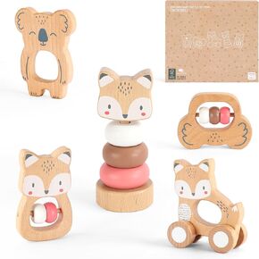 FReniland Wooden Montessori Toys, 5-Piece Wooden Baby Toys, Bear Baby Rattle, Fox Stacking Ring, Car Push and Pull Toys, Bear Grasping Toys,Newborn Baby Gift Sets for Boys and Girls in Kuwait