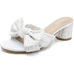 Heiyom Women's Bowknot Low Chunky Heels Mules Sandals Slip on Pleated Bow Heels Wedding Bridal Party Dress Shoes in Saudi Arabia