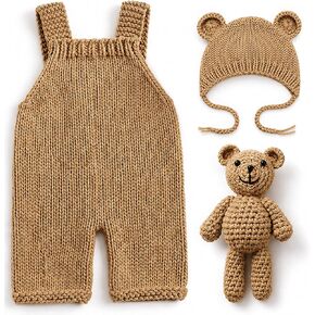 Newborn Photography Props Baby Bear Knit Romper Hat Outfits Set Boys Girls Photo Shoot Animal Costume Outfit 0-3 Month Crochet Knitted Overalls Bonnet in Saudi Arabia