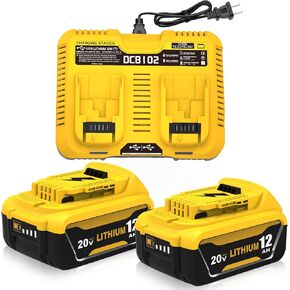 2 Packs 12Ah Replacement for Dewalt 20V Battery DCB208 and DCB102 Charger | Compatible with Dewalt 20V Max Batteries DCB204 DCB203 DCB202 DCB201 DCB207 DCB206 in Kuwait