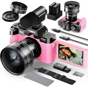 NBD 5K Digital Cameras for Photography - 16X Zoom Travel Camera with 180° Flip Screen, 64MP Vlogging Cameras Fotograficas for YouTube, 2 Batteries & 64GB TF Card,Auto Focus, Macro Lens (Pink) in Saudi Arabia