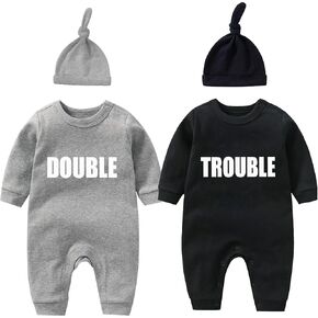 2-Pack Baby Twins Bodysuits Double Trouble Newborn Cotton Long Sleeve Funny Outfits Infant Twin Unisex Romper 0-12M in Kuwait