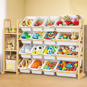Kids Toy Storage Organizer with Bookshelf – Wooden Shelf with 16 Bins & 3 Shelves, Quick Assembly Storage Rack for Playroom, Bedroom, Nursery - White in Kuwait
