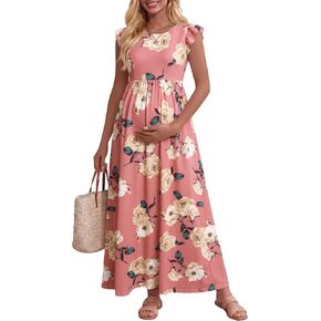 Huukeay Maternity Dress Ruffle Sleeve, Pink, Floral, X-Large | Summer, Pregnancy Clothes, Flowy A-Line, Soft, Breathable, High Waist, Baby Shower, Photoshoot, Beach, Wedding Guest in Saudi Arabia