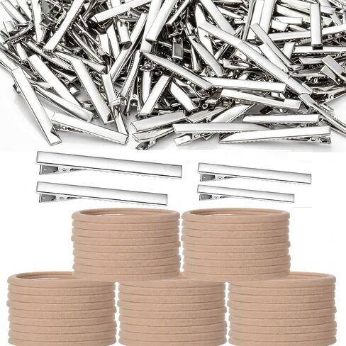 Chuangdi 300 Pcs Baby Nude Nylon Headband and Alligator Clip Set (1.8/2.2/2.6/3 in) soft elastic headband, metal silver hair clip, suitable for women DIY bow hair accessories, Crafts Newborn Baby in Kuwait