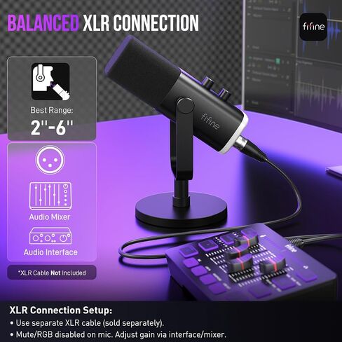ميكروفون ديناميكي FIFINE AmpliGame AM8 USB/XLR لبث الألعاب | ميكروفون بودكاست مع ضوء RGB، وزر كتم الصوت، ومقبس سماعات الرأس، وحامل سطح المكتب، لتسجيل الصوت والغناء على YouTube in Kuwait