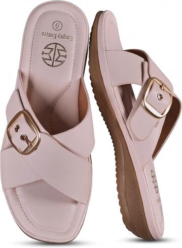 Women's Faux Leather Slip-On Sandals | Faux Leather,Low Heel,Soft Sponge Cushion Insole & Non-Slip Rubber Sole, Casual Summer Sandals in Saudi Arabia