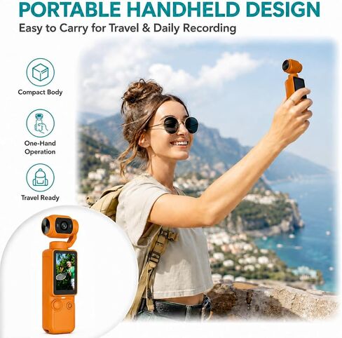 Pocket Gimbal Camera, Compact Handheld Vlog Recorder with Rotating Camera Head, Built-in Screen, Portable Body for Selfies and Travel in Kuwait