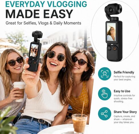 Pocket Gimbal Camera, Compact Handheld Vlog Recorder with Rotating Camera Head, Built-in Screen, Portable Body for Selfies and Travel in Kuwait