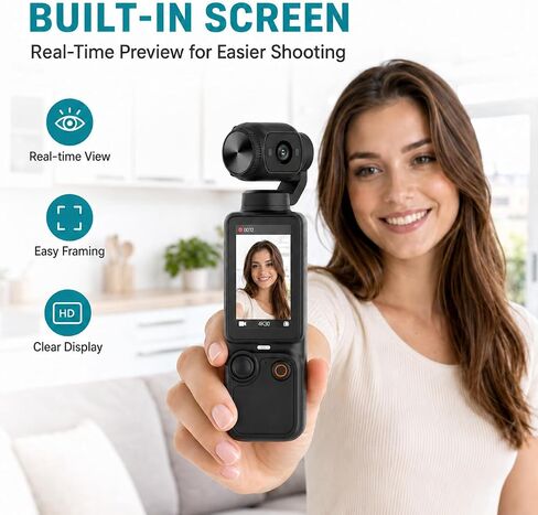 Pocket Gimbal Camera, Compact Handheld Vlog Recorder with Rotating Camera Head, Built-in Screen, Portable Body for Selfies and Travel in Kuwait