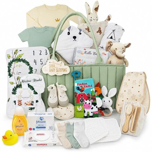 Baby Gift Basket for Newborn Boy or Girl (Green) Essentials Gift Set with Diaper Caddy Organizer, Milestone Blanket, Baby Clothes, Unisex, Animal Book, Nursery Keepsakes & New Parent Gifts in Kuwait
