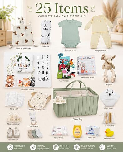 Baby Gift Basket for Newborn Boy or Girl (Green) Essentials Gift Set with Diaper Caddy Organizer, Milestone Blanket, Baby Clothes, Unisex, Animal Book, Nursery Keepsakes & New Parent Gifts in Kuwait