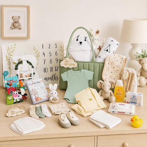 Baby Gift Basket for Newborn Boy or Girl (Green) Essentials Gift Set with Diaper Caddy Organizer, Milestone Blanket, Baby Clothes, Unisex, Animal Book, Nursery Keepsakes & New Parent Gifts in Kuwait
