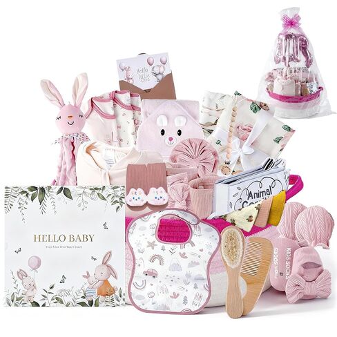 25-Pcs Luxury Baby Gift Basket Set, 0-12M Baby Shower Basket | Baby Shower Gifts with Keepsake Memory Book, Ultimate Newborn Essentials in Woven Basket for Unforgettable Welcome Gift, Pink in Kuwait
