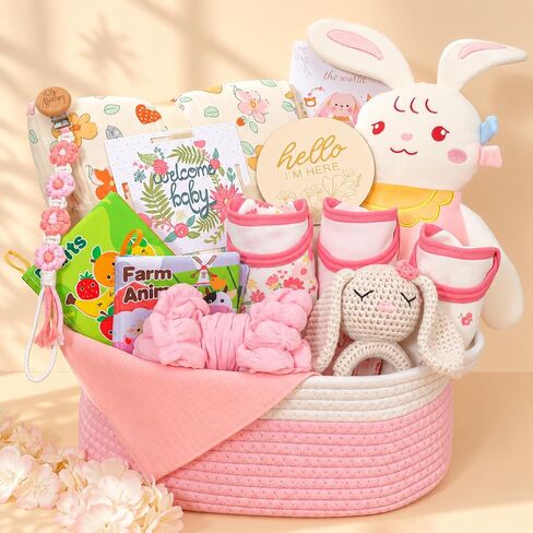 Baby Girl Gifts,Baby Shower Gift Baskets for Girls,Gender Reveal Gifts,Unique Baby Girl Newborn Essentials with Blanket Rattle Toys in Kuwait