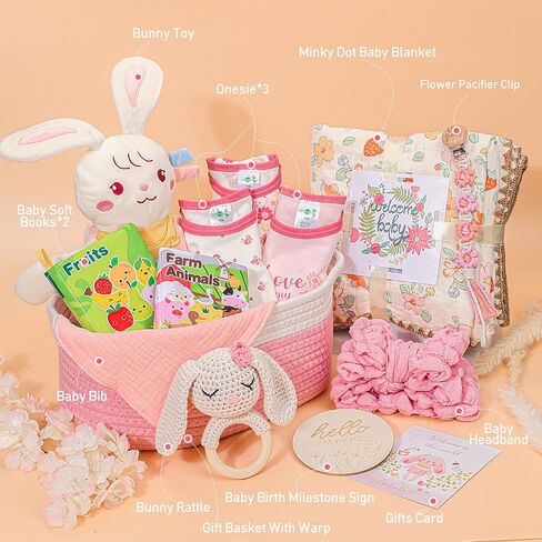 Baby Girl Gifts,Baby Shower Gift Baskets for Girls,Gender Reveal Gifts,Unique Baby Girl Newborn Essentials with Blanket Rattle Toys in Kuwait