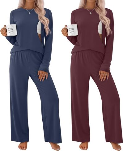 2 Pack Maternity Nursing Pajamas Set | Breastfeeding Long Sleeve Sleepwear, Postpartum Lounge, 2 Top and 2 Pant, for Women in Kuwait