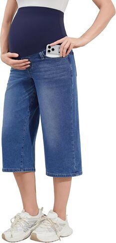 POSHGLAM Women's Maternity Jeans Wide Leg Over the Belly Cropped Stretch Pregnancy Capri Denim Pants with Pockets in Saudi Arabia