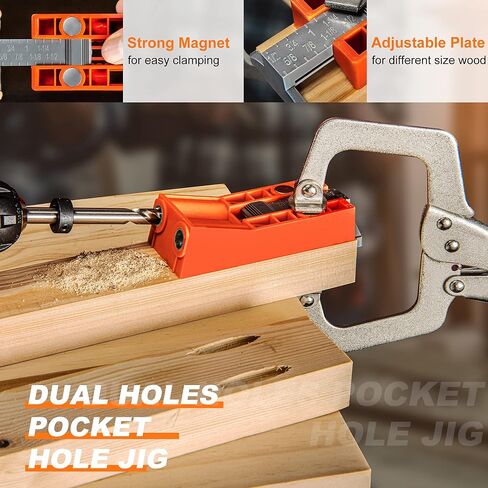 Pocket Hole Jig System Kit, Pocket Screw Jig with 11 Inch Clamp, Square Driver Bit, Hex Wrench, Depth Stop Collar, Step Drill Bit, Coarse Square Driver Screws, All In One for Joinery Work in Saudi Arabia