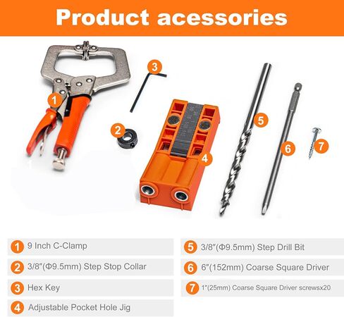 Pocket Hole Jig System Kit, Pocket Screw Jig with 11 Inch Clamp, Square Driver Bit, Hex Wrench, Depth Stop Collar, Step Drill Bit, Coarse Square Driver Screws, All In One for Joinery Work in Saudi Arabia