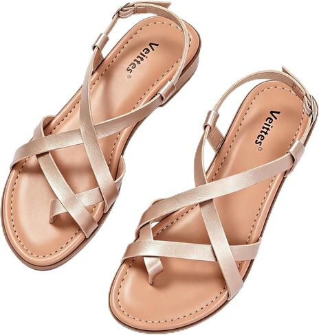 Veittes Women's Gladiator Flat Sandals,Non-slip soles, comfortable and lightweight, open-toe summer flip-flop sandals, Golden,Size 8.5 US in Kuwait