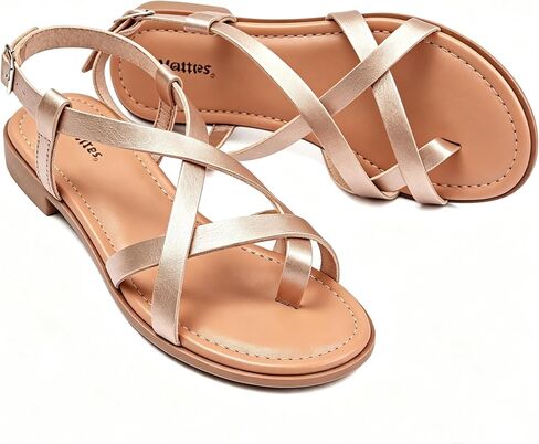Veittes Women's Gladiator Flat Sandals,Non-slip soles, comfortable and lightweight, open-toe summer flip-flop sandals, Golden,Size 8.5 US in Kuwait