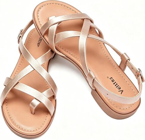 Veittes Women's Gladiator Flat Sandals,Non-slip soles, comfortable and lightweight, open-toe summer flip-flop sandals, Golden,Size 8.5 US in Kuwait