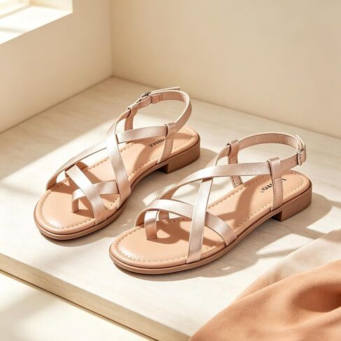 Veittes Women's Gladiator Flat Sandals,Non-slip soles, comfortable and lightweight, open-toe summer flip-flop sandals, Golden,Size 8.5 US in Kuwait