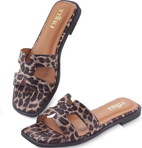 Sandals for Women 2026 Dressy Cute Summer Flat Slides Comfortable Soft Leather for Ladies Casual Square Open Toe Slip On Beach Sandals Leopard Size 6 in Saudi Arabia