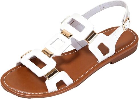 Women's Vintage Hollow Flat Gladiator Sandals, Open Toe Design, Square Metal Buckle, Adjustable Ankle Strap, Summer Beach Casual Shoes in Saudi Arabia