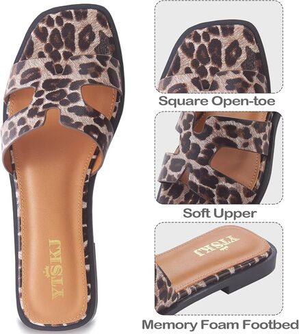 Sandals for Women 2026 Dressy Cute Summer Flat Slides Comfortable Soft Leather for Ladies Casual Square Open Toe Slip On Beach Sandals Leopard Size 6 in Saudi Arabia