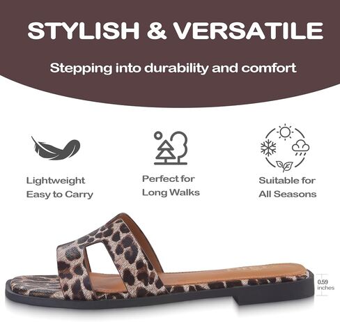 Sandals for Women 2026 Dressy Cute Summer Flat Slides Comfortable Soft Leather for Ladies Casual Square Open Toe Slip On Beach Sandals Leopard Size 6 in Saudi Arabia