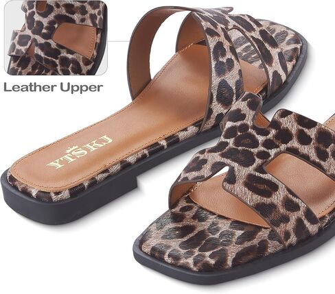 Sandals for Women 2026 Dressy Cute Summer Flat Slides Comfortable Soft Leather for Ladies Casual Square Open Toe Slip On Beach Sandals Leopard Size 6 in Saudi Arabia