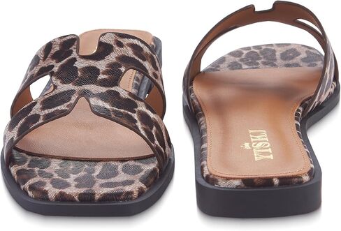 Sandals for Women 2026 Dressy Cute Summer Flat Slides Comfortable Soft Leather for Ladies Casual Square Open Toe Slip On Beach Sandals Leopard Size 6 in Saudi Arabia