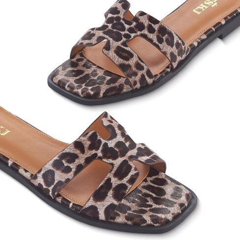 Sandals for Women 2026 Dressy Cute Summer Flat Slides Comfortable Soft Leather for Ladies Casual Square Open Toe Slip On Beach Sandals Leopard Size 6 in Saudi Arabia