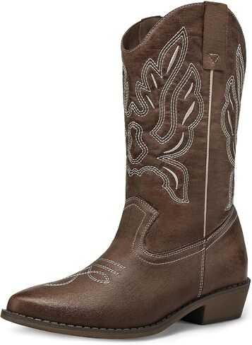 mysoft Cowboy Boots For Women - Western Cowgirl Boots Mid Calf Chunky Heel Booties Pointed Toe Country Shoes in Saudi Arabia