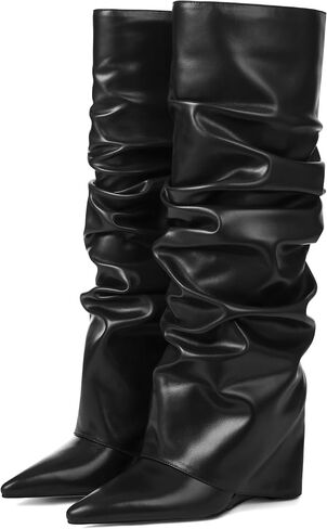 Oiamenne Women's Fold Over Boots Slouch Wide Calf Knee High Boots | 3.15" Wedge Heel, Pointed Toe Tall Boots, Pull-on, Faux Leather Boots for Party Daily Wear in Saudi Arabia