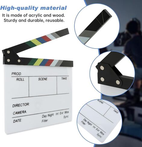 Acrylic Movie Film Clapboard, 12 x 10in Video Movie Clapboard ​with 2 Whiteboard Marker, Mo-Vie Theme Party Decorations(White, Black) in Kuwait