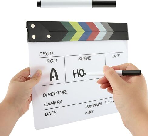 Acrylic Movie Film Clapboard, 12 x 10in Video Movie Clapboard ​with 2 Whiteboard Marker, Mo-Vie Theme Party Decorations(White, Black) in Kuwait
