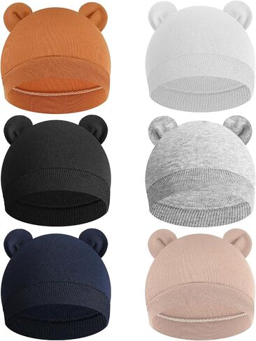 6 Pcs Baby Newborn Bear Ears Hats, Newborn Toddler Soft Beanie Hat for Unisex Infant Boys Girls 0-24 Months Soft Breathable Cute Bear Caps for Dolls Pets, 6 Styles in Kuwait