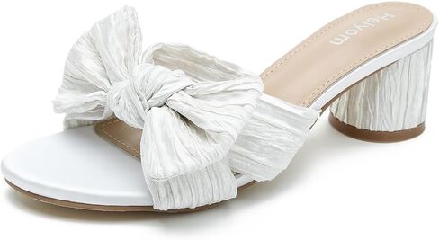 Heiyom Women's Bowknot Low Chunky Heels Mules Sandals Slip on Pleated Bow Heels Wedding Bridal Party Dress Shoes in Saudi Arabia
