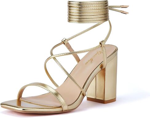 GENSHUO Square Toe Sandals Women Lace up Chunky High Heels Strappy Sandals Block Heeled Ankle Wrap Homecoming Wedding Dress Shoes Gold Size 9.5 in Saudi Arabia